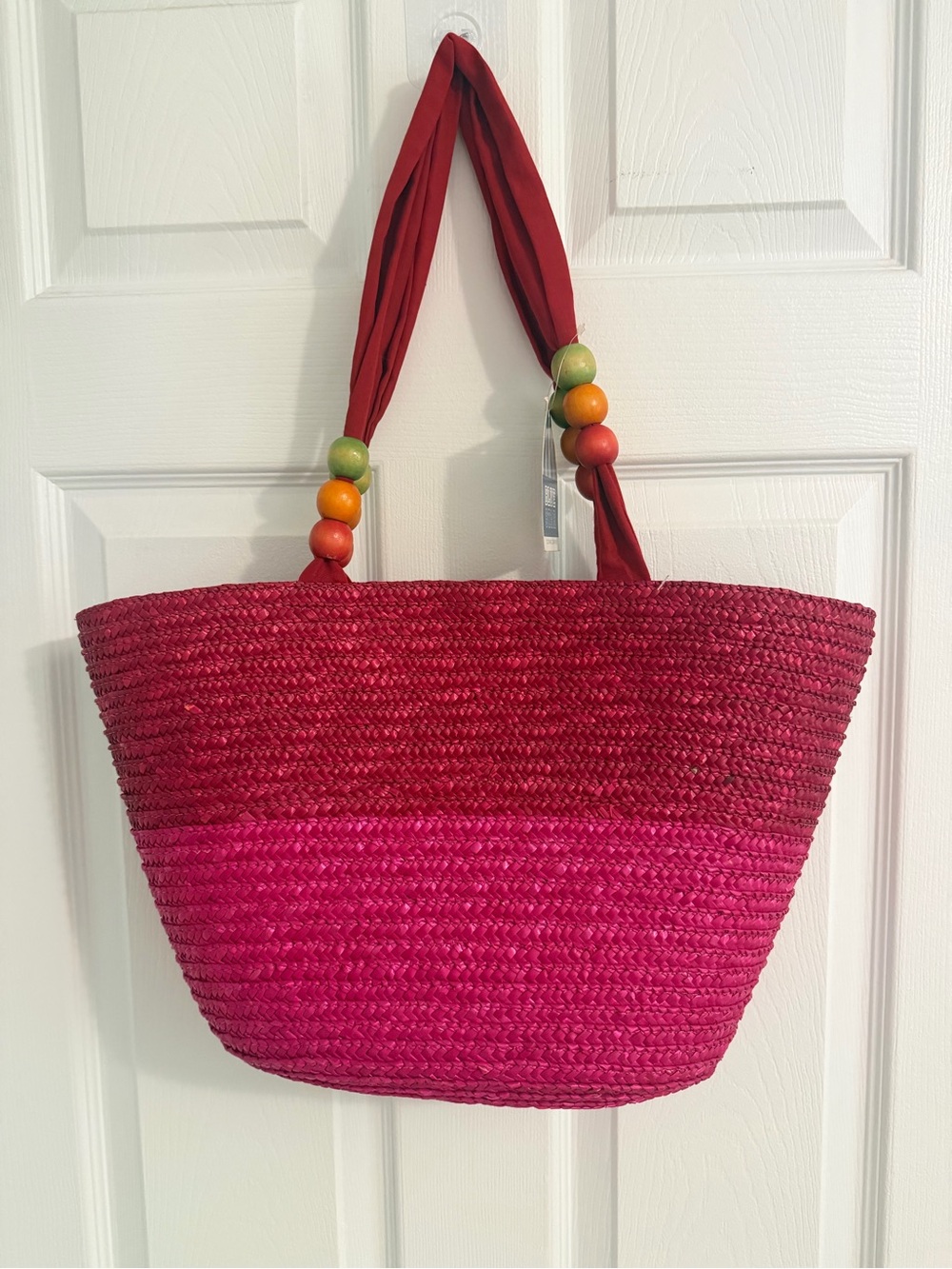 Two-Tone Red and Pink Straw Tote with Bead-Accented Handles